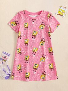 SpongeBob SquarePants | SHEIN 少女卡通印花休閒日常居家短袖睡裙 - 粉色 - 查看 1