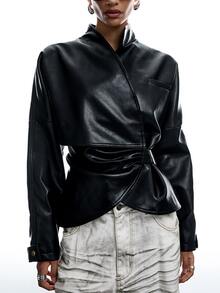 LYSMO Women's Autumn/Winter New Solid Color PU Leather Long Sleeve Pleated Fashion Jacket - Black - View 5