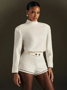 Hauture Solid Color Semi-High Neck Long Sleeve Contrast Trim Double Button Waist-Cinching Romper, Minimalist Elegant Jumpsuit For Commute And Vacation - White - View 3