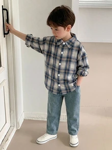 DAZY Young Boys Plaid New Loose Fit Long Sleeve Shirt Top, Autumn Basic Casual Style - Blue - View 2