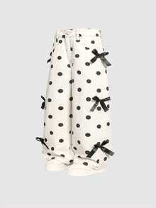 SHEIN Girls Cream White Polka Dot Black Bow Decor Wide Leg Pants, Loose Straight Leg, 100% Cotton Denim Jeans, Flattering Snug Fit Fit, Casual Versatile For Daily School, Outings, Vacation, Korean Style, Blogger Inspired Ins Style - Multicolor - View 7