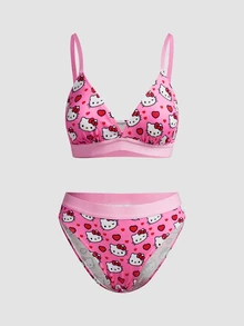 Chillnights HELLO KITTY AND FRIENDS | SHEIN 2pcs Bra Segitiga Pink dengan Bantalan Cup, Motif Cetak Seluruh Permukaan, Set Pakaian Dalam Wanita yang Manis & Imut - Berwarna merah muda - View 1