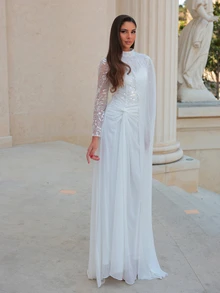 Aureia Elegant Luxurious White Sequin Embroidered Patchwork Chiffon Stand Collar Trumpet Sleeve 2 In 1 Mermaid Dress With Train Wedding Dress - White - View 3