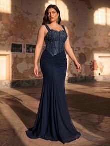 Aureia Plus Size Elegant Romantic Sweetheart Neckline Spaghetti Strap Luxury French Lace Sheer Mesh Patchwork Knit Fabric Ruched Waist A-Line Evening Dress For Wedding Party Celebration Formal Event Gala (Intricate Design) - Navy Blue - View 3
