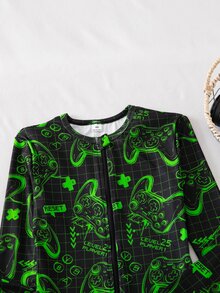Boys' Game Console Neon Colorful Pattern Front Zipper Long Sleeve Long Jumpsuit Snug Fit Loungewear - Multicolor - View 5
