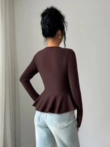 Modelyn Women's Solid Color Metal Decor Casual Versatile Daily Wear Long Sleeve Sweater - Coffee Brown - View 2