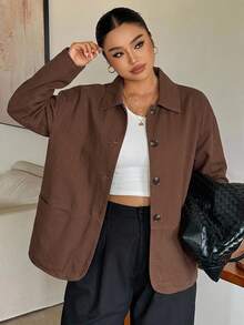 Dazy Plus Lapel Loose Long Sleeve Open Front Denim Jacket, Urban Casual Washed Denim Loose Jacket, Plus Size Autumn New Arrival - Brown - View 5