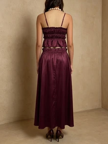 Cévolie Summer Elegant Solid Color Cami Skirt 2 Pieces Set - Burgundy - View 2