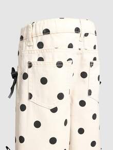 SHEIN Girls Cream White Polka Dot Black Bow Decor Wide Leg Pants, Loose Straight Leg, 100% Cotton Denim Jeans, Flattering Snug Fit Fit, Casual Versatile For Daily School, Outings, Vacation, Korean Style, Blogger Inspired Ins Style - Multicolor - View 8