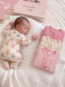 Newborn Home Jumpsuit, Cartoon Pink & Grey Rabbit All-Over Print Baby Long Sleeve Footed Romper, Snap Crotch Newborn Bodysuit, Baby Girl Spring/Autumn Home Sleep & Outdoor Footed Crawler - Multicolor - View 1