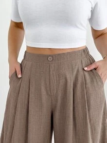 Shapeblank Plus Size Casual Button Pocket Pleated Loose Pants Fall - Mocha Brown - View 5