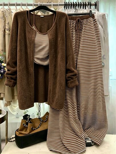 GlowEve CURVE Plus Size Women's Striped Camisole, Long Pants And Long Sleeve Cardigan Casual Set