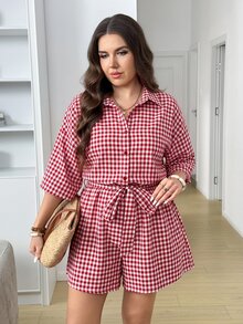 SHEIN LUNE 大尺碼簡約鈕扣格紋連身褲 - 紅白色 - 查看 7