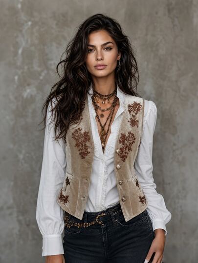 LUMIGAL Ensemble décontracté pour femmes avec gilet à simple boutonnage brodé de fleurs et chemise à manches longues