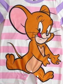 TOM & JERRY X SHEIN Baby Girl Striped Round Neck Long Sleeve Casual Romper - Pink - View 4