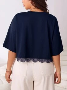 Solflare Plus Size Women's Solid Color Casual Versatile Daily Wear T-Shirt - Navy Blue - View 2