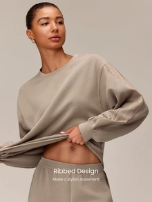 GLOWMODE Soft-Brushed Modal Just Relax Raglan Sweatshirt With Ribbed Side Panels & Side Split Hem Daily Casual Travel Vacation Wear - Khaki - View 3