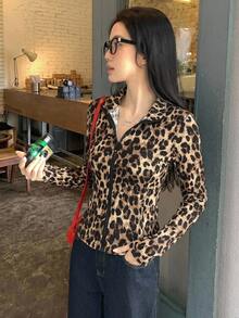 DAZY 女款豹紋拉鍊休閒百搭日常旅行長袖外套 秋季 - 咖啡棕 - 查看 3