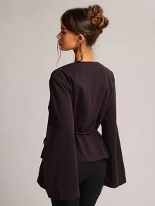 SHEIN BAE Jaket Lengan Panjang Wanita Warna Polos Kasual Elegan Serbaguna untuk Sehari-hari, Kantor, Cokelat Tua, Musim Gugur - Red Violet - View 2