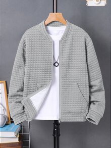 SHEIN 兒童青少年男孩休閒百搭紋理小格淺灰色棒球夾克外套，適合通勤、上學、日常休閒外出、運動，秋冬穿著 - 淺灰色 - 查看 4