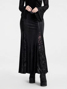 Breakform Gothic Goth Elegant Style Black Flocked Bat Cutout Women's Fashion Mesh Patchwork Elastic Waist Fitted Midi Skirt Halloween Party Autumn - Black - View 1