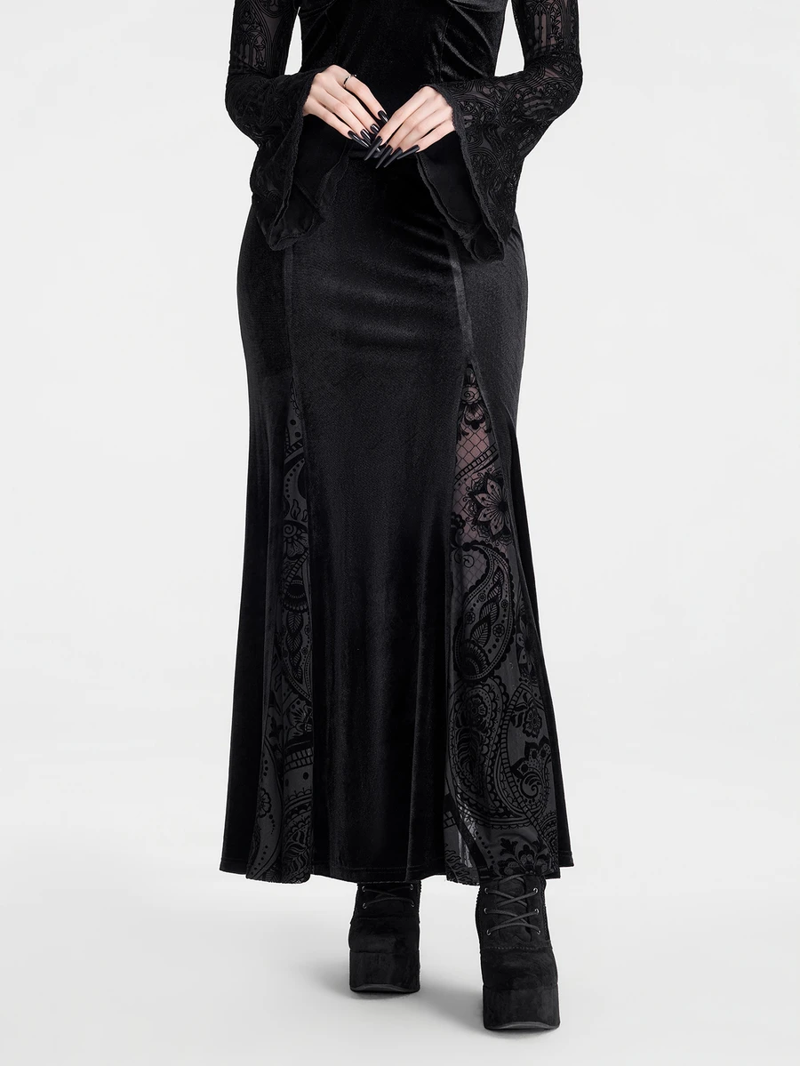 Breakform Gothic Goth Elegant Style Black Flocked Bat Cutout Women's Fashion Mesh Patchwork Elastic Waist Fitted Midi Skirt Halloween Party Autumn - Black - View 1