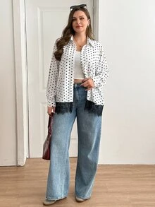 SHEIN Essnce 大尺碼女款波點圖案對比蕾絲下擺單排扣襯衫 - 白色 - 查看 4