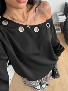 Coolane 女款秋冬休閒哥德龐克復古Y2K街頭風黑色大尺寸露肩抽繩孔眼衛衣上衣秋季穿搭 - 黑色 - 查看 1