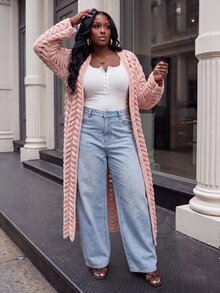 Slaydiva Cardigan Rajut Wanita Ukuran Besar, Mantel Panjang Rajut Kabel Berongga Warna Nude, Mantel Duster Depan Terbuka untuk Musim Gugur - Berwarna merah muda - View 8