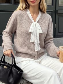 SHEIN PariChic Autumn/Winter Fashion Floral Lace Trim Round Neck Cardigan Long Sleeve Sweater - Khaki - View 7