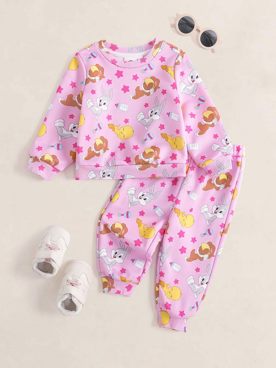 LOONEY TUNES X SHEIN طقم بلوزة وسروال رياضي بطبعة كرتونية للبنات الصغيرات - وردي - مشاهدة 1