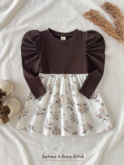 Cozy Pixies Baby Girl Baby Girl Casual Daily Fashion Patchwork Brown & Floral Print Dress