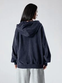LYSMO 女款純色拉鍊休閒百搭抽繩連帽長袖運動衫 - 藏蓝色 - 查看 2