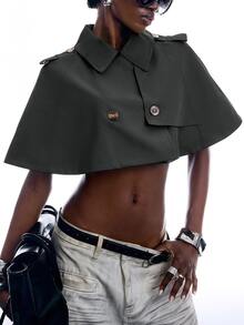 LYSMO Women's Solid Color Double-Breasted Cape Trench Coat - Dark Grey - View 2