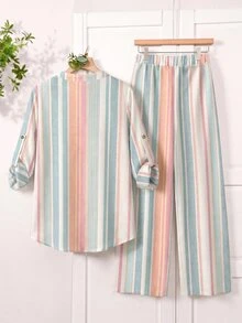 EMERY ROSE Colorful Striped Shirt And Long Pants 2 Pieces Set, Plus Size, Suitable For Early Autumn Outings - Multicolor - View 6