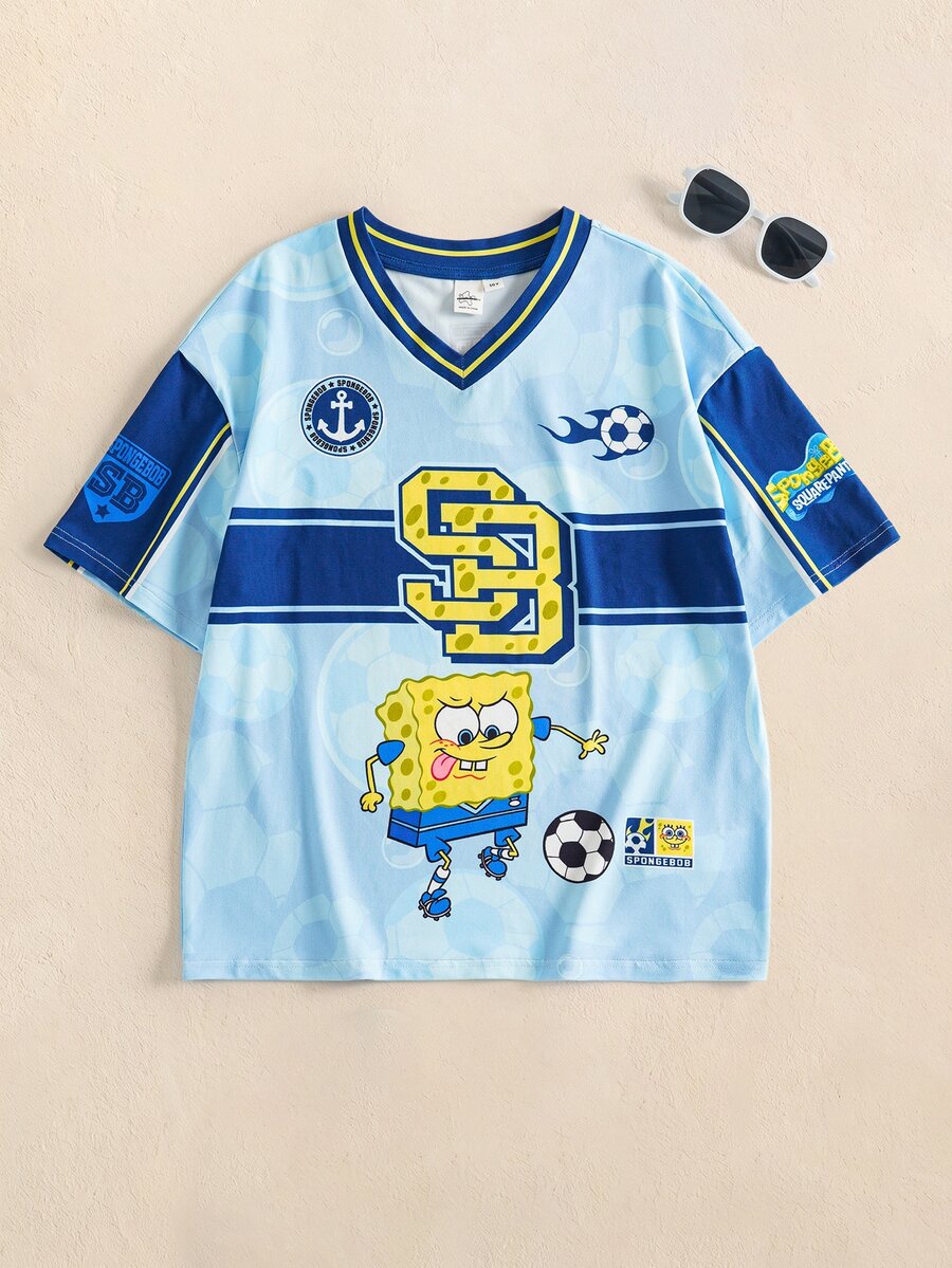 SpongeBob SquarePants | SHEIN Tween Boy Cartoon Print Colorblock Short Sleeve Vacation T-Shirt - Blue - View 1