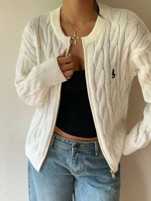 SHEIN Cardigan Wanita Minimalis Serbaguna Gaya Preppy Fashion Kasual untuk Perjalanan Sehari-hari, Bordir, Resleting, Cocok untuk Sekolah, Warna Putih, Musim Gugur - Krem - View 5