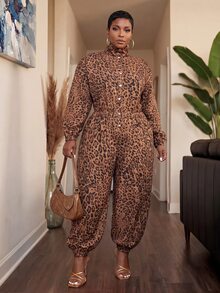 Slaydiva Jumpsuit Wanita Ukuran Besar Model Baru Musim Gugur/Dingin Lengan Panjang Longgar dengan Bagian Depan Setengah Terbuka, Pinggang Elastis, dan Potongan Kaki Meruncing, Motif Leopard - A - Coklat - View 3