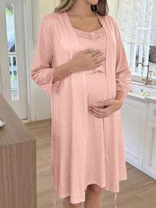 Moonlight&Mama 波點印花蕾絲飾邊孕婦內搭洋裝，適合媽媽四季穿著 - 藕粉色 - 查看 6