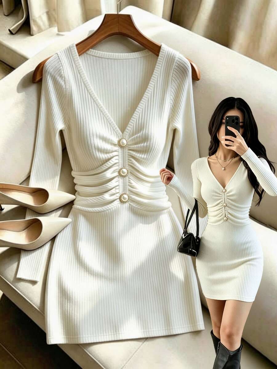 GlowEve Gaun Pendek Wanita Elegan Lembut Romantis Putih Gading Kerah V dengan Detail Kerut dan Kancing Lengan Panjang untuk Makan Malam Kencan Brunch Musim Gugur - Krem - View 1