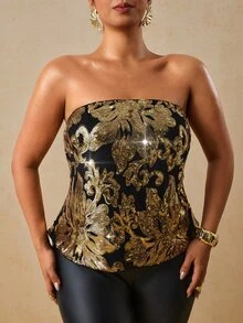 Travachic Plus Size Women's Floral Sequin Fashion Tube Top - Gold - View 5