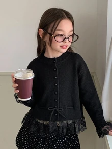 Dazy Kids Tween Girl Autumn/Winter Casual Lace Patchwork Cardigan - Black - View 5