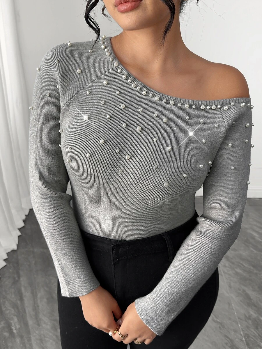 Elenzga Plus Size Off-Shoulder Pearl Ribbed Knit Top - Light Grey - View 1