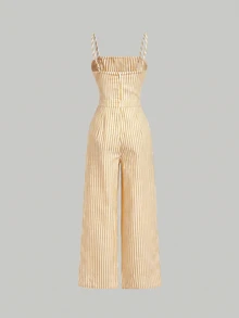 SHEIN MOD 女款條紋蕾絲拼接休閒日常細肩帶連身褲 - 黃色 - 查看 2