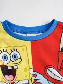 SpongeBob SquarePants | SHEIN ملابس منزلية ضيقة للرضيع الذكر بقمة ذات رقبة مستديرة وأكمام طويلة وبنطال طويل - الأزرق - مشاهدة 3