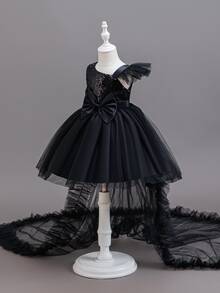 Glamorique Kids 女童四季通用聖誕主題洋裝，新年派對禮服，鋼琴表演裙，網紗蝴蝶結露背鏤空荷葉邊公主長拖尾晚禮服 - 黑色 - 查看 4