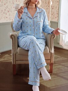 CottageSlumber Plus Size Lapel Puff Sleeve Striped Plaid Pineapple Print Romantic Style Long Sleeve Top And Pants Pajama Set, Women's Pajama Set, Suitable For Home And Outdoor Wear - Blue - View 1