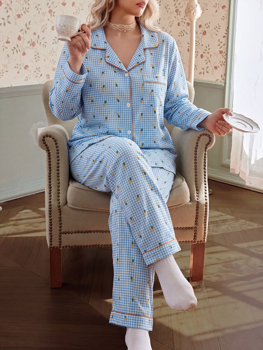 CottageSlumber Plus Size Lapel Puff Sleeve Striped Plaid Pineapple Print Romantic Style Long Sleeve Top And Pants Pajama Set, Women's Pajama Set, Suitable For Home And Outdoor Wear - Blue - View 1