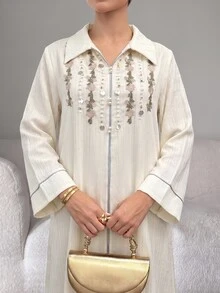 Al Najma Women's Floral Embroidered Beaded Decor Arabian Dress - Apricot - View 1