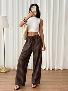 SHEIN PETITE Women's Casual Tie Waist Straight Leg Pants, Suitable For Summer - Brown - View 6